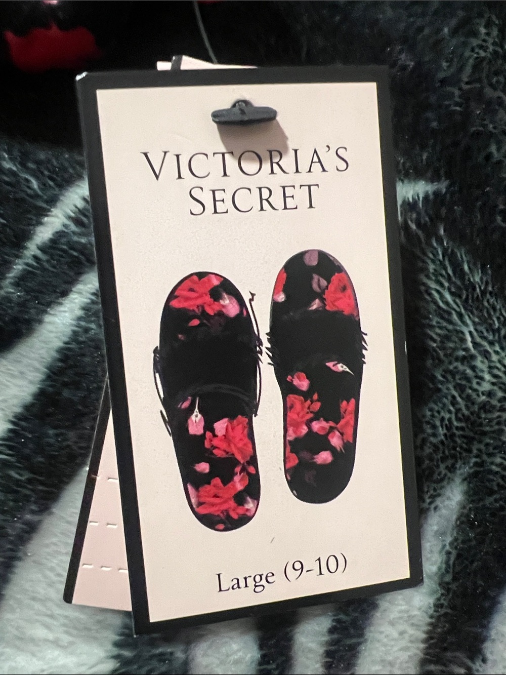 Victoria's Secret Black Slide Slippers with Red and Pink Roses Print